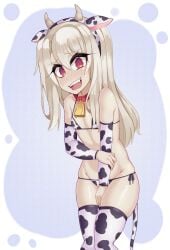 1girls @_@ armwear blonde_hair blush cow_bikini cow_ears cow_horns cow_print cowbell embarrassed eyebrows_visible_through_hair fate/kaleid_liner_prisma_illya fate_(series) female illyasviel_von_einzbern legwear light-skinned_female red_eyes small_breasts young_savage