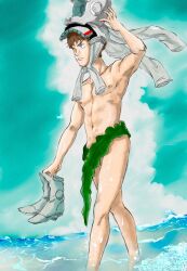 1boy abs amuro_ray boots flight_suit gundam helmet holding_boots holding_helmet looking_away male male_only mejim16 partially_clothed partially_submerged seaweed standing_in_water walking water younger_male