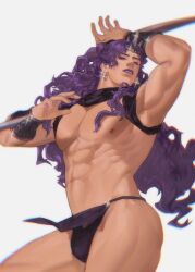 1boy abs ambush_(trap) arm_band arm_bands armpits arms_above_head bara bara_tiddies bara_tits battle_tendency bedroom_eyes blade blades highres horns jojo's_bizarre_adventure kars lipstick lkikai long_hair looking_at_viewer looking_down makeup male_focus male_nipples male_only muscles muscular muscular_ass muscular_male muscular_thighs obliques partially_clothed pecs pectorals purple_hair red_eyes simple_background solo solo_focus solo_male wavy_hair