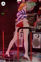 1girls arcade arcade_machine ass ass_grab belt blonde_hair blue_and_white_shirt blue_eyes boots booty_shorts dance_dance_revolution dance_pad exoticbat flirty hand_on_ass high_heel_boots high_heels jennifer_hurley lips long_sleeves midriff red_shorts short_hair smile smiling smiling_at_viewer solo solo_female solo_focus teasing teasing_viewer whentai white_boots