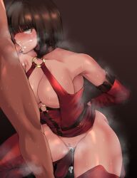 1boy 1girls big_breasts cum cum_drip cum_in_mouth dark-skinned_male dark_skin fellatio guilty_gear highres i-no light-skinned_female light_skin oral pizzalover12 pussy pussy_juice squatting