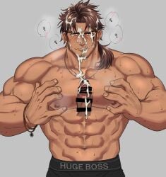 abs bar_censor belmond_banderas between_pectorals brown_hair censored cum cum_on_face male male_focus male_only muscular muscular_male nijisanji penis virtual_youtuber vtuber yksb2