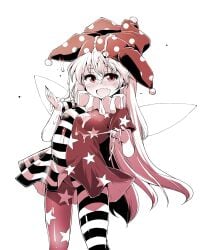 21stabsurdres breasts bukkake clownpiece cum cum_on_clothes cum_on_hair cum_string dress fairy_wings female fuurisuto hair_between_eyes hat highres jester_cap long_hair monochrome pantyhose polka_dot polka_dot_headwear short_dress short_sleeves simple_background small_breasts solo star_(symbol) star_print striped striped_dress touhou very_long_hair white_background wings