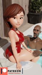 1boy 1girls 3d alternate_version_available blender brown_eyes brown_hair cheating cheating_wife cheating_with_friend dark-skinned_male dark_skin disney frozone helen_parr interracial jacuzzi light-skinned_female looking_at_viewer looking_back lucius_best mature_female milf patreon pixar pool shiny_skin smooth_skin swimsuit the_incredibles vendettagirls water