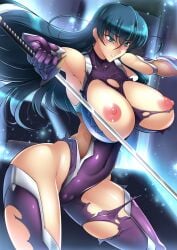 1girls blue_hair breasts female haganef huge_breasts igawa_asagi long_hair nipples pussy solo sword taimanin_(series) taimanin_asagi weapon