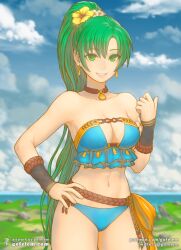 1girls bikini blue_bikini blue_sky blue_swimsuit breasts choker cleavage cloud clouds day earrings fire_emblem fire_emblem:_the_blazing_blade fire_emblem_heroes flower flower_in_hair gofelem green_eyes green_hair grin hair_flower hair_ornament jewelry long_hair looking_at_viewer lyn_(fire_emblem) lyn_(summer)_(fire_emblem) medium_breasts midriff navel nintendo official_alternate_costume outdoors outside ponytail shell_necklace sky smile solo strapless_bikini strapless_swimsuit swimsuit twitter_username vambraces water watermark web_address