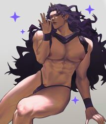 1boy abs ambush_(trap) bara bara_tiddies bara_tits battle_tendency bedroom_eyes big_pecs big_thighs highres horns jojo's_bizarre_adventure kars lkikai long_hair male_focus male_nipples male_only muscles muscular muscular_male ok_sign pale-skinned_male partially_clothed pecs pectorals purple_hair red_eyes simple_background solo solo_male tongue_out wavy_hair