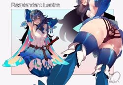 1girls adapted_costume alternate_costume ass big_ass blue_eyes blue_hair blue_socks blush butterfly_wings cape english_commentary english_text falchion_(fire_emblem) female female_only fire_emblem fire_emblem_awakening fire_emblem_heroes gloves hair_between_eyes heart highres horny long_hair lucina_(fire_emblem) lucina_(resplendent)_(fire_emblem) nintendo official_alternate_costume open_mouth pussy_juice simple_background smile socks solo sword thiccwithaq thick_thighs thigh_socks thighhighs thighs tiara weapon wet_pussy wings