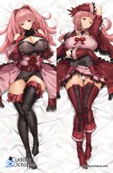 1girls alternate_costume alternate_hairstyle areolae arm_above_head arm_over_head arm_under_breasts arm_up ass_visible_through_thighs bangs bare_shoulders bare_thighs bed_sheet belt big_breasts black_panties blunt_bangs blush boots bow breasts cleavage clenched_teeth closed_mouth collarbone dakimakura dakimakura_(medium) dakimakura_design detached_sleeves earrings female female_only fire_emblem fire_emblem:_three_houses fire_emblem_warriors:_three_hopes gloves hand_on_own_chest hands_on_breasts high_heels highres hilda_valentine_goneril huge_breasts intelligent_systems jewelry long_hair looking_at_viewer nintendo nipples official_alternate_costume official_alternate_hairstyle on_back on_bed panties pantyshot pink_hair ponytail raised_eyebrows red_bow red_eyes red_thighhighs short_sleeves shoulders skirt_lift smile solo thick_thighs thigh_boots thighhigh_bow thighs tony_guisado underwear upskirt very_long_hair white_panties