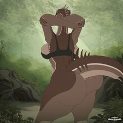 1girls allosaur allosaurid allosaurus animated artist_name ass_focus ass_huge bra breasts dance dancing dinosaur dinosaur_girl dinosaur_tail dragons_and_drawings female furry furry_female gif kyra_(dragons_and_drawings) original original_character scalie spikes stripes