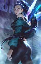 1girls ass ass_focus big_ass bubble_butt k/da_kai'sa k/da_series kai'sa league_of_legends leather light-skinned_female light_skin looking_back raikoart realistic riot_games tight_clothing