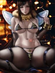 1girls arrow_(symbol) bee bee_costume bee_girl bikini black_hair blurry_background bow breasts collar final_fantasy final_fantasy_vii fishnet_armwear fishnet_legwear fishnets flower_in_hair front-tie_bikini fur_trim high_heels honey_bee_inn large_breasts long_hair looking_at_viewer micro_bikini midriff navel red_eyes striped_bikini striped_swimsuit swimsuit tifa_lockhart weisart wings wrist_cuffs