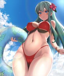 1girls alternate_costume bangs bare_midriff bare_thighs bikini blue_eyes blue_fur blue_sky blush breasts cameltoe cleavage closed_mouth cloud commentary_request commission covered_nipples day dyne_gallon eirika_(fire_emblem) eirika_(summer)_(fire_emblem) female female_only fire_emblem fire_emblem:_the_sacred_stones fire_emblem_heroes flower from_below green_hair hair_flower hair_ornament hibiscus highres holding holding_innertube innertube large_breasts long_hair looking_at_viewer looking_down midriff more_at_source navel nintendo official_alternate_costume outdoors partially_visible_vulva red_bikini red_swimsuit sideboob skeb_commission sky smile solo standing stomach swimsuit thick_thighs thighs underboob very_long_hair wide_hips