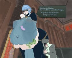 2020 3girls bbw blue_hair chubby chubby_female church digestion_noises english_text face_imprint fire_emblem fire_emblem:_three_houses gigantic_breasts huge_ass huge_belly marianne_von_edmund mini_giantess nintendo nipple_bulge nun praying saturniablue stomach_bulge stomach_deformation stomach_noises sweatdrop text vore