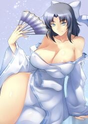 1girls areola_slip bare_shoulders big_breasts big_butt blue_eyes breasts female female_only haganef hair_ribbon hip holding_fan ice large_breasts senran_kagura short_hair single_bare_leg solo yumi_(senran_kagura)