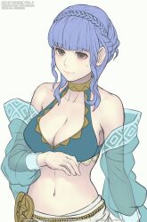 1girls alternate_costume artist_name bangs bikini blue_bikini blue_hair blue_swimsuit boobs braid breasts brown_eyes cleavage commentary detached_sleeves english_commentary female female_only fire_emblem fire_emblem:_three_houses fire_emblem_heroes french_braid gofelem grey_eyes large_breasts looking_at_viewer marianne_von_edmund marianne_von_edmund_(summer) medium_hair navel nintendo official_alternate_costume sarong shawl sidelocks simple_background smile solo sweat sweatdrop swimsuit unfinished