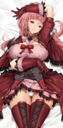 1girls alternate_costume alternate_hairstyle areolae arm_above_head arm_over_head arm_under_breasts arm_up ass_visible_through_thighs bangs bare_thighs bed_sheet big_breasts blunt_bangs blush boots bow breasts cleavage clenched_teeth dakimakura dakimakura_(medium) dakimakura_design earrings female female_only fire_emblem fire_emblem:_three_houses fire_emblem_warriors:_three_hopes gloves high_heels highres hilda_valentine_goneril huge_breasts intelligent_systems jewelry long_hair looking_at_viewer nintendo nipples official_alternate_costume official_alternate_hairstyle on_back on_bed panties pantyshot pink_hair red_bow red_eyes red_thighhighs short_sleeves skirt_lift solo thick_thighs thigh_boots thighs tony_guisado underwear upskirt white_panties