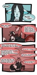 1:2 2016 9:18 anthro biped canid collar comic detailed_background dialogue duo english_text female fenrir_(tatsuchan18) fur hair hi_res male mammal mink_(tatsuchan18) open_mouth sitting speech_bubble tatsuchan18 text