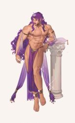 1boy abs ambush_(trap) bara bara_tiddies bara_tits barefoot battle_tendency full_body highres horn jojo's_bizarre_adventure kars lipstick lkikai long_hair looking_down makeup male male_focus male_nipples male_only muscles muscular muscular_male muscular_thighs obliques pecs pectorals purple_hair red_eyes sheer_clothing simple_background solo solo_focus solo_male wavy_hair