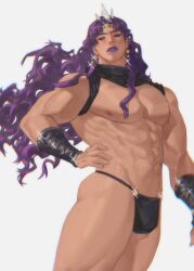 1boy abs ambush_(trap) arm_band arm_bands bara bara_tiddies bara_tits battle_tendency bedroom_eyes hand_on_hip highres horns jojo's_bizarre_adventure kars lipstick lkikai long_hair looking_to_the_side makeup male_focus male_nipples male_only muscles muscular muscular_ass muscular_male muscular_thighs obliques partially_clothed pecs pectorals purple_hair red_eyes simple_background solo solo_focus solo_male wavy_hair