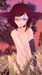 blush brown_hair brown_hair demon demon_girl demon_horns glasses heterochromia looking_at_viewer madame_doom madame_doom(artist) naked orange_eyes outdoors outside public_nudity purple_eyes smile sunset tattoo