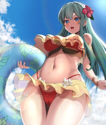 1girls :d alternate_costume bangs bare_midriff bare_thighs bikini bikini_skirt blue_eyes blue_fur blue_sky blush breasts cameltoe cleavage cloud commentary_request commission covered_nipples day dyne_gallon eirika_(fire_emblem) eirika_(summer)_(fire_emblem) female female_only fire_emblem fire_emblem:_the_sacred_stones fire_emblem_heroes flower frilled_bikini frills from_below green_hair hair_flower hair_ornament hibiscus highres holding holding_innertube innertube large_breasts layered_bikini long_hair looking_at_viewer looking_down midriff more_at_source multicolored_bikini navel nintendo official_alternate_costume open_mouth outdoors partially_visible_vulva red_bikini red_swimsuit sideboob skeb_commission sky smile solo standing stomach swimsuit thick_thighs thighs two-tone_bikini underboob very_long_hair wide_hips yellow_bikini yellow_swimsuit