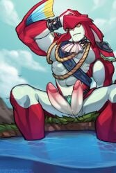 anthro balls bara barazoku boner breath_of_the_wild daydreamerjim diphallia diphallism erection gay genital_slit male male_only marine marine_humanoid multi_penis muscles muscular nintendo penis red_body sidon_(zelda) solo solo_male spread_legs the_legend_of_zelda zora