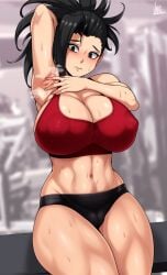 1girls areolae arm_up armpits arms_behind_head bangs big_breasts black_eyes black_hair black_panties blush breasts cameltoe cleavage clothes embarrassed gym hair_over_one_eye jmg large_breasts legs_together light-skinned_female light_skin looking_at_viewer momo_yaoyorozu my_hero_academia navel nipple_bulge nipples panties pokies ponytail pussy sideboob sitting skin_tight skindentation slim_waist solo steamy steamy_armpits sweat sweaty_armpits tank_top thick_thighs toned_female underwear watermark