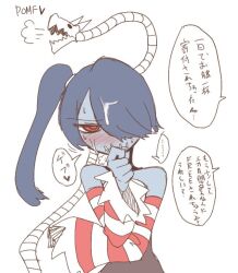 1girls clothed cum_on_face embarrassed facial japanese_text leviathan_(skullgirls) skullgirls squigly sumiyao_(amam)