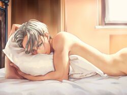 1boy bed blue_eyes lying male_focus nude object_hug on_bed on_stomach pillow pillow_hug silver_hair smile solo_male twitter_username viktor_nikiforov yamano_uzura yuri!!!_on_ice