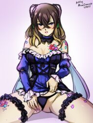 1girls black_panties bloodstained:_ritual_of_the_night blue_dress blue_eyes bodice breasts brown_hair choker corset dress dress_lift fake_horns highlights_(coloring) horns large_breasts looking_at_viewer minacream miriam_(bloodstained) painted_fingernails panties short_dress short_hair strapless strapless_dress yellow_highlights