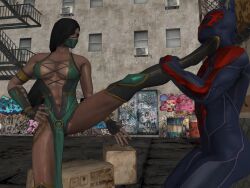 3d crossover female femdom humiliation jade_(mortal_kombat) marvel marvel_comics midway midway_games miguel_o'hara mixed_wrestling mortal_kombat netherrealm_studios peter1327 reverse_ryona spider-man spider-man_(series) spider-man_2099 straight_hair unseen_male_face victory_pose