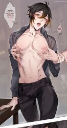 gay genshin_impact male male_focus male_only milking nipple_pinch nipple_play yeobosannsfw zhongli_(genshin_impact)