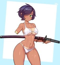 2022 absurd_res amputee bikini blue_background cleavage green_eyes hair_over_one_eye katana lilly lilly_(demiboss) looking_at_viewer nisetanaqa original purple_hair scar short_hair simple_background solo standing sword tanline tanned very_short_hair