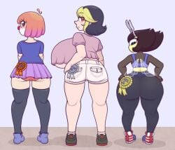 3girls ahoge ass_bigger_than_breasts ass_vs_breasts bee bee_girl black_eyes black_hair blush bottom_heavy breasts breasts_bigger_than_ass clown_girl fizzie_(vendant) hi_res huge_ass huge_breasts karri large_ass large_breasts looking_back_at_viewer multicolored_hair multiple_girls no_mouth orange_hair panties red_eyes thick_thighs thighhighs top_heavy underboob vendant wide_hips yellow_skin zoey_(vendant)