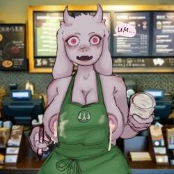 ... anthro barista big_breasts bodily_fluids bovid breasts caprine creepy female goat hi_res huge_breasts i_mean_breast_milk iced_latte_with_breast_milk lactating mammal meme milk solo starbucks toriel undertale undertale_(series) video_games zahnzahnhase