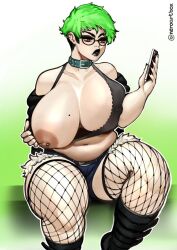 fishnets gigantic_breasts green_hair neroartbox pierced_nipples tagme