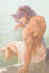 1boy absurd_res ambush_(trap) back background bara bathing battle_tendency bedroom_eyes highres horns jojo's_bizarre_adventure kars lipstick lkikai long_hair looking_at_viewer looking_over_shoulder makeup male male_focus male_only muscles muscular muscular_ass muscular_back muscular_male muscular_thighs painting_(artwork) ponytail purple_hair red_eyes see-through_clothing solo solo_focus solo_male water wavy_hair wet_clothes