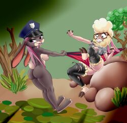 anthro atomic_wedgie bottomless bovid caprine clothed clothing dawn_bellwether disney display_case display_window dlovolb duo exhibit female fight glasses hammock hi_res judy_hopps lagomorph leporid mammal medium_breasts museum nipples panicking panties plant police pussy rabbit sheep smug stockings topless wedgie zootopia