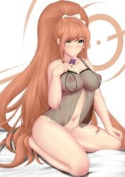 breasts completely_nude completely_nude_female condom danganronpa danganronpa_3 female_only large_breasts long_hair long_ponytail newovermind nightgown nipples nude orange_hair ponytail see-through see-through_clothing straight_hair yukizome_chisa