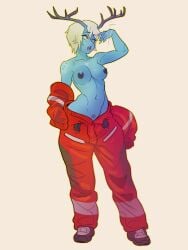 blue_skin full_body jumpsuit medium_breasts monster_girl ndasfw short_hair standing topless wet