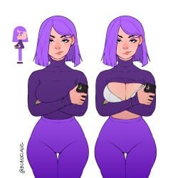 blanclauz bob_cut bored bra breasts cleavage clothed clothing crossed_arms duolingo emo emo_girl female female_focus female_only flashing fully_clothed green_fingernails human human_only large_breasts light-skinned_female light_skin lily_(duolingo) looking_at_viewer purple_hair purple_pants shirt_lift short_hair shoulder_length_hair slim_waist small_waist smartphone solo solo_female solo_focus teasing thigh_gap thin_waist turtleneck white_background wide_hips yoga_pants