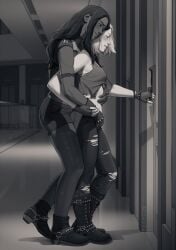 2girls apartment boots booty_shorts dark-skinned_female fingerless_gloves greyscale hand_on_crotch humanized imminent_sex interracial lesbian marina_(splatoon) passionate pearl_(splatoon) poochiccini ripped_clothing ripped_pants size_difference splatoon splatoon_2 tank_top wholesome yuri