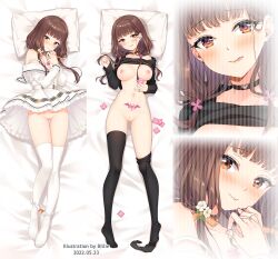 alternate_breast_size ass_visible_through_thighs bed_sheet billie_(meng_gong_fang) black_choker black_socks black_sweater black_thighhighs blush bra breasts brown_eyes brown_hair choker cleavage closed_mouth clothes_lift condom condom_wrapper dakimakura_(medium) dress dress_lift ear_piercing earrings female female_only flower from_above full_body hair_flower hair_ornament hair_ribbon heart heart-shaped_pupils heart_choker iino_miko jewelry kaguya-sama_wa_kokurasetai_~tensai-tachi_no_renai_zunousen~ large_breasts layered_dress long_hair looking_at_viewer low_twintails lying medium_breasts multiple_views navel nipples on_back orange_ribbon panties panty_pull piercing pleated_dress pussy ribbon shiny shiny_hair socks strap_slip sweater sweater_lift symbol-shaped_pupils thigh_gap thigh_socks thighhighs tongue tongue_out twintails underwear white_bra white_dress white_flower white_panties white_socks