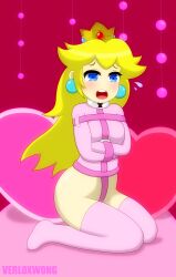 1girls bed blonde_hair blue_eyes bondage bottomless breasts collar crown earrings heart-shaped_pillow long_hair mario_(series) medium_breasts nintendo on_top pink_socks pink_straitjacket pink_thighhighs princess_peach socks straitjacket thigh_socks thighhighs verloxwong