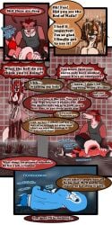 1:2 2020 9:18 anthro ass biped blood bodily_fluids canid cobalt_(tatsuchan18) collar comic detailed_background dialogue english_text fenrir_(tatsuchan18) fur group hair hi_res male mammal open_mouth sitting spade_(tatsuchan18) speech_bubble standing tatsuchan18 text trio