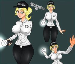 big_breasts big_butt blonde_hair female_only five_nights_at_freddy's five_nights_at_freddy's:_security_breach green_eyes hypnotico large_ass scottgames security_guard solo vanessa_(fnaf) white_woman white_woman_jumpscare