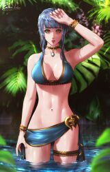 1girls alternate_costume bare_arms bare_thighs bikini blue_bikini blue_hair blue_swimsuit blurry blurry_background blurry_foreground bracelet braid braided_hair breasts cleavage cowboy_shot crown_braid esther-shen female female_only fire_emblem fire_emblem:_three_houses gem groin jewelry marianne_von_edmund marianne_von_edmund_(summer) medium_breasts navel nintendo sarong shiny shiny_skin sidelocks signature solo standing swimsuit thighlet thighs wading