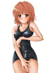 1girls blush brown_eyes brown_hair censored covering covering_crotch futanari futanarization genderswap_(mtf) holding_breast male_to_futa navel nipples nipples_visible_through_clothing one-piece_swimsuit oren_chin rule_63 school_swimsuit short_hair small_breasts swimsuit to_love-ru tomboy yuuki_rito yuusaki_riko