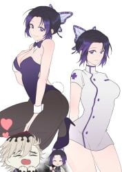 1boy 1girls alternate_costume artist_request black_hair bunny_tail bunnysuit butterfly_hair_ornament cleavage crouching demon_slayer detached_collar douma fantasizing female female_focus high_heels imagining kimetsu_no_yaiba kochou_shinobu looking_at_viewer male medium_breasts minidress nurse nurse_uniform pantyhose purple_eyes short_dress smile solo_focus two_tone_hair wrist_cuffs